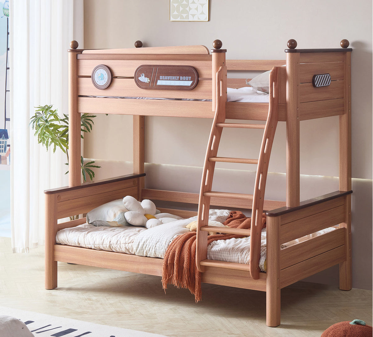 ANJU Space-Themed Wooden Bunk Bed with Optional Storage Stairs