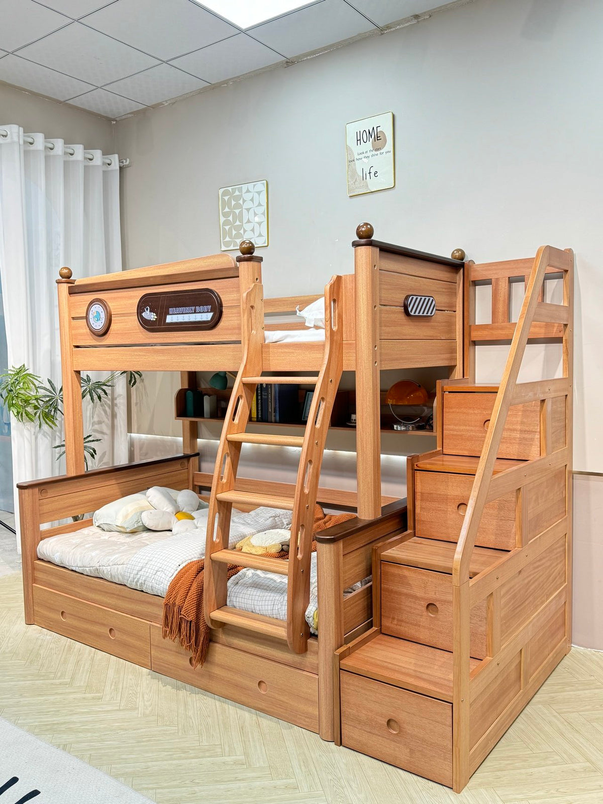 ANJU Space-Themed Wooden Bunk Bed with Optional Storage Stairs
