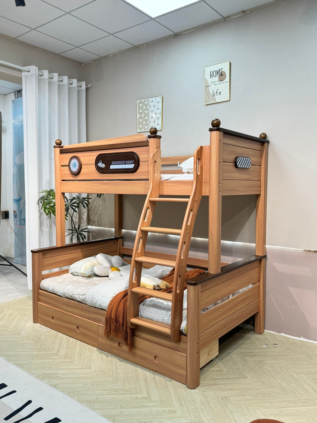 ANJU Space-Themed Wooden Bunk Bed with Optional Storage Stairs