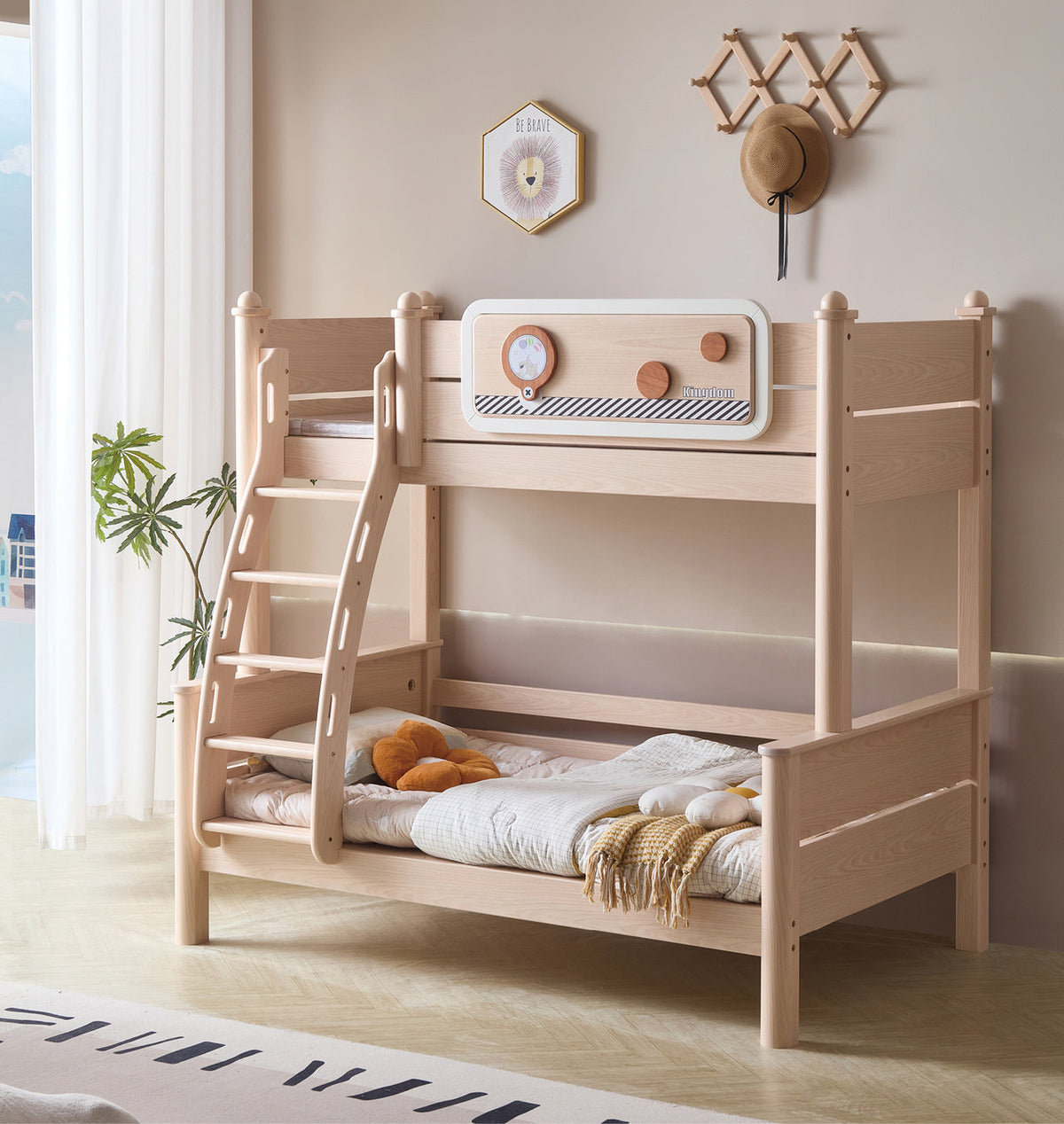 ANJU Wooden Bunk Bed with Black and White Stripe Trim and Optional Storage Stairs