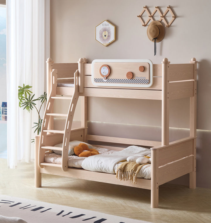 ANJU Wooden Bunk Bed with Black and White Stripe Trim and Optional Storage Stairs