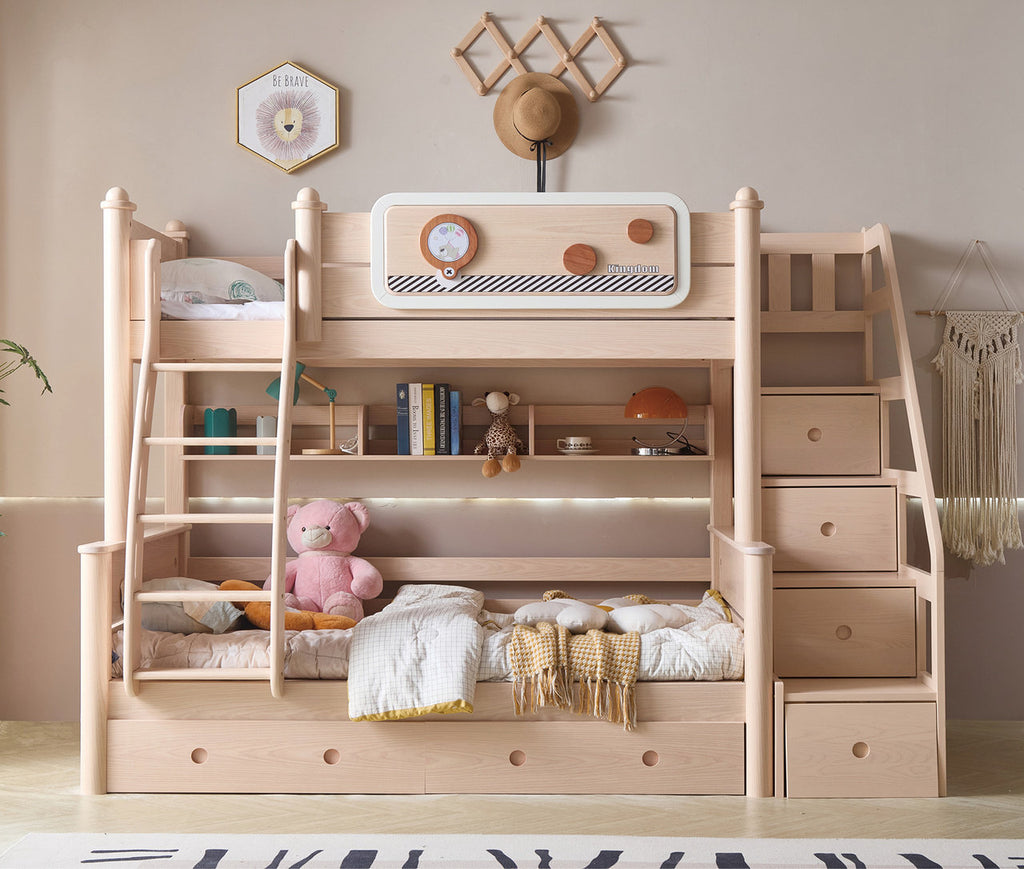 ANJU Wooden Bunk Bed with Black and White Stripe Trim and Optional Storage Stairs