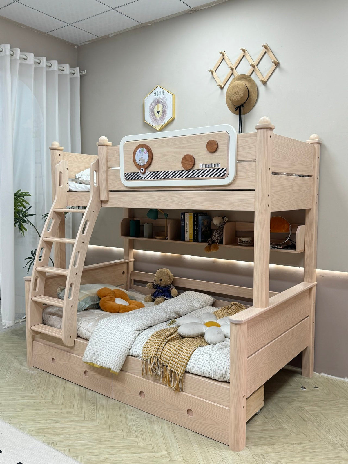 ANJU Wooden Bunk Bed with Black and White Stripe Trim and Optional Storage Stairs