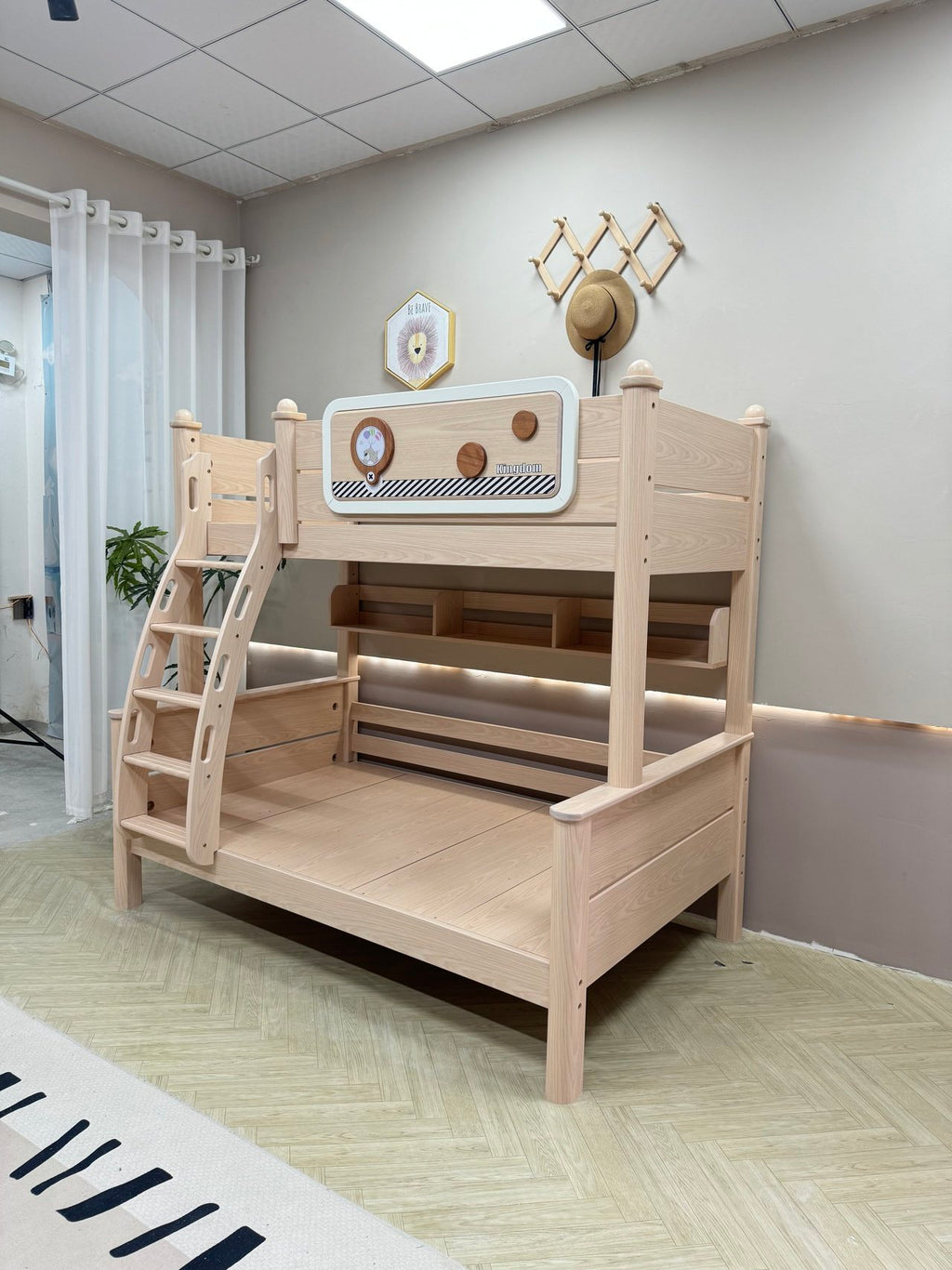 ANJU Wooden Bunk Bed with Black and White Stripe Trim and Optional Storage Stairs