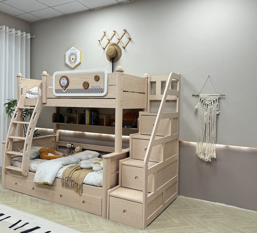 ANJU Wooden Bunk Bed with Black and White Stripe Trim and Optional Storage Stairs