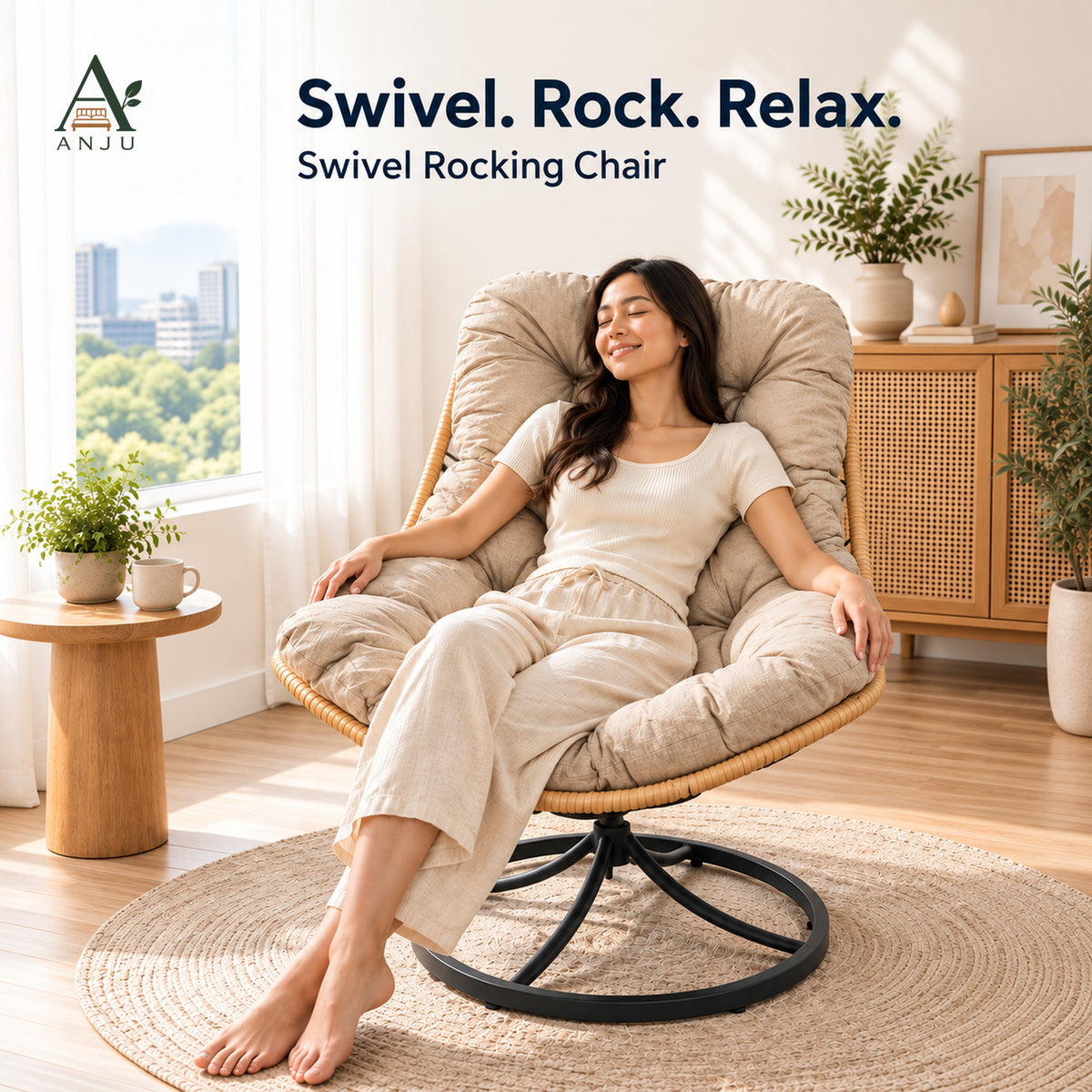 ANJU Swivel Rocking Lounge Chair, Beige — image 1