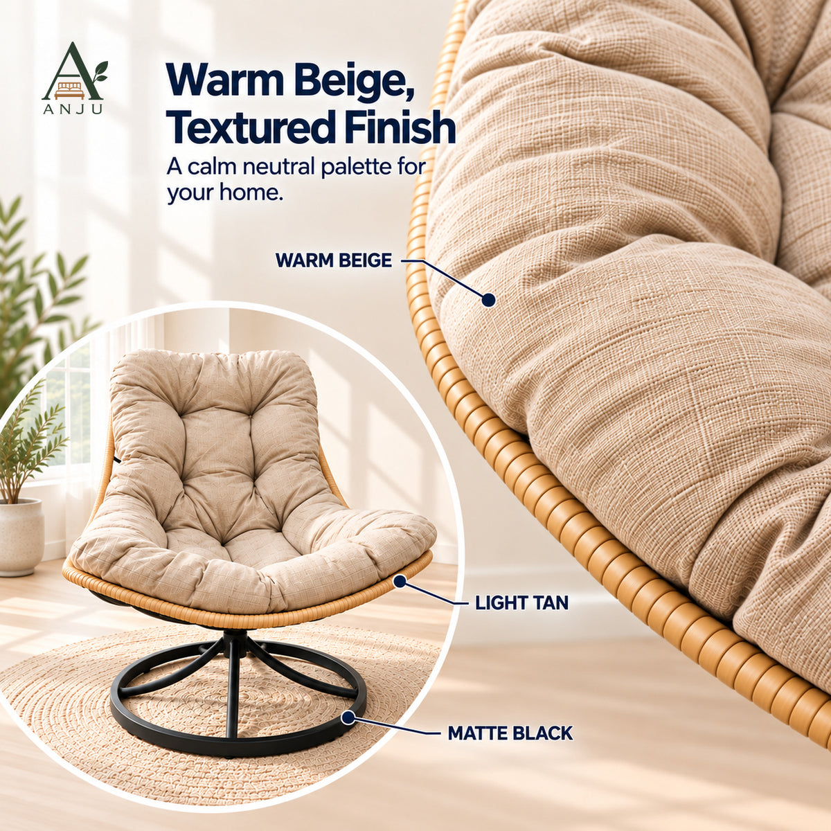 ANJU Swivel Rocking Lounge Chair, Beige — image 5