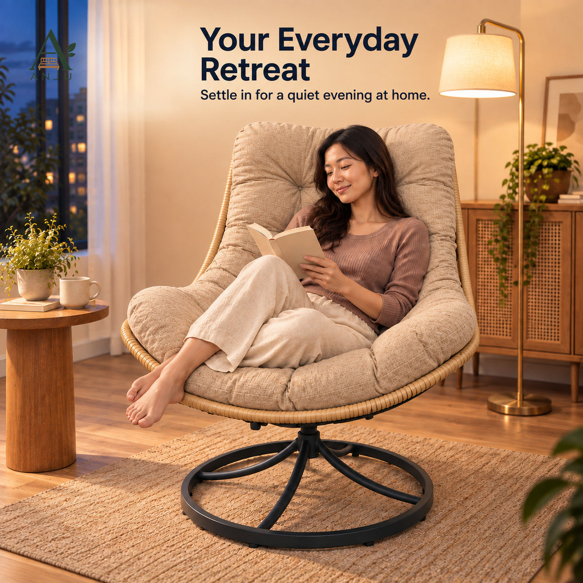 ANJU Swivel Rocking Lounge Chair, Beige — image 9