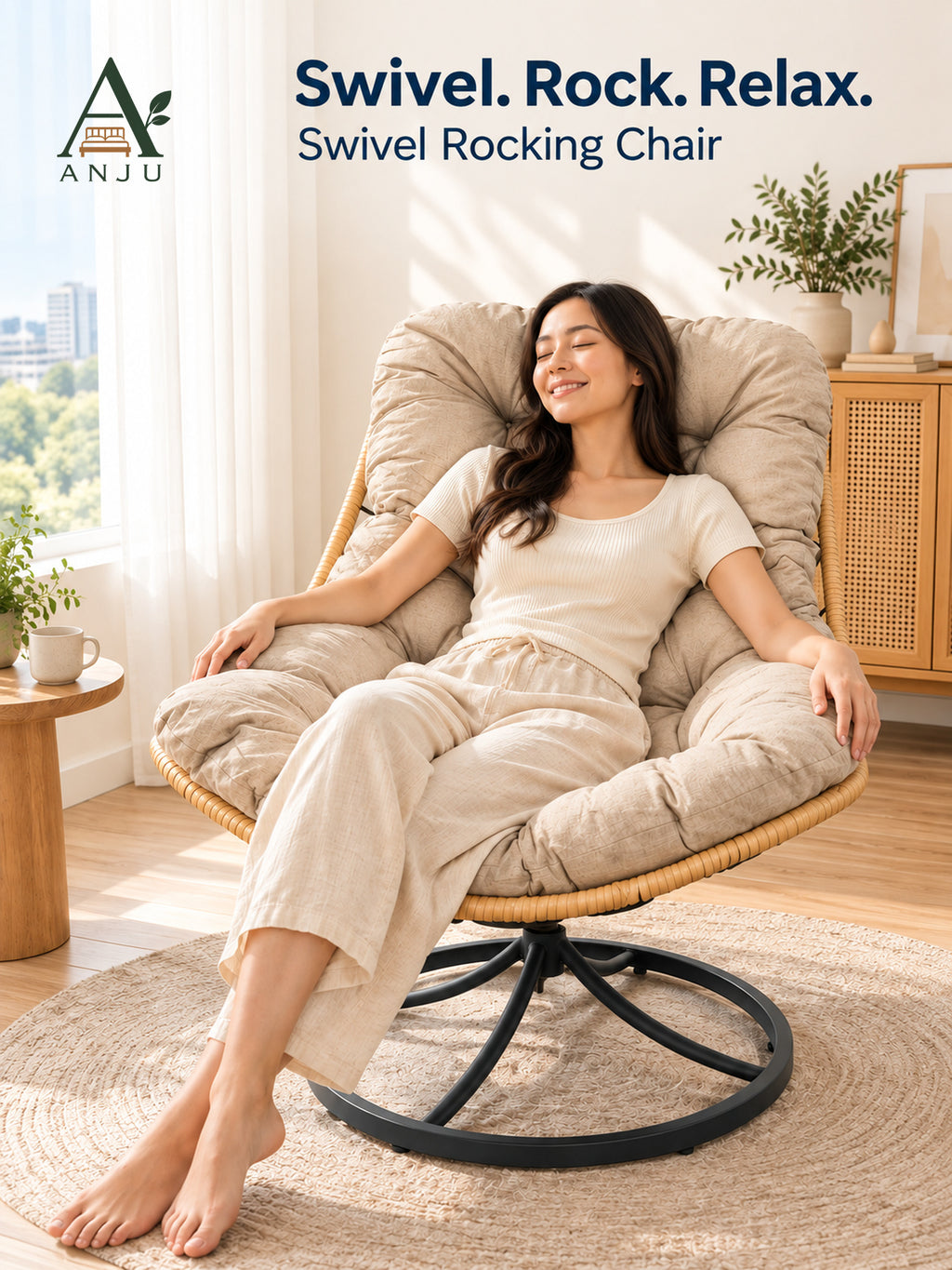 ANJU Swivel Rocking Lounge Chair, Beige — image 1