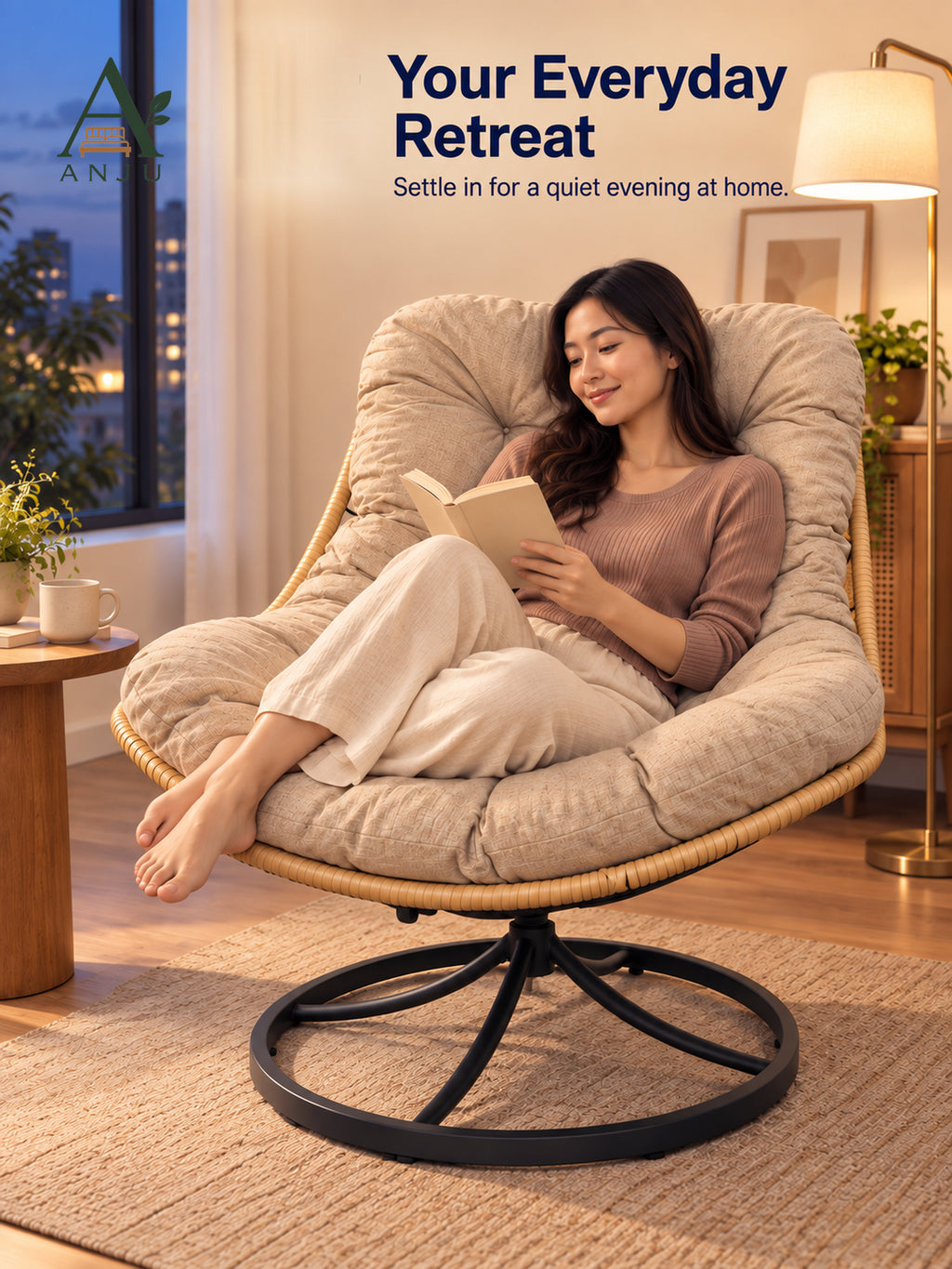 ANJU Swivel Rocking Lounge Chair, Beige — image 9