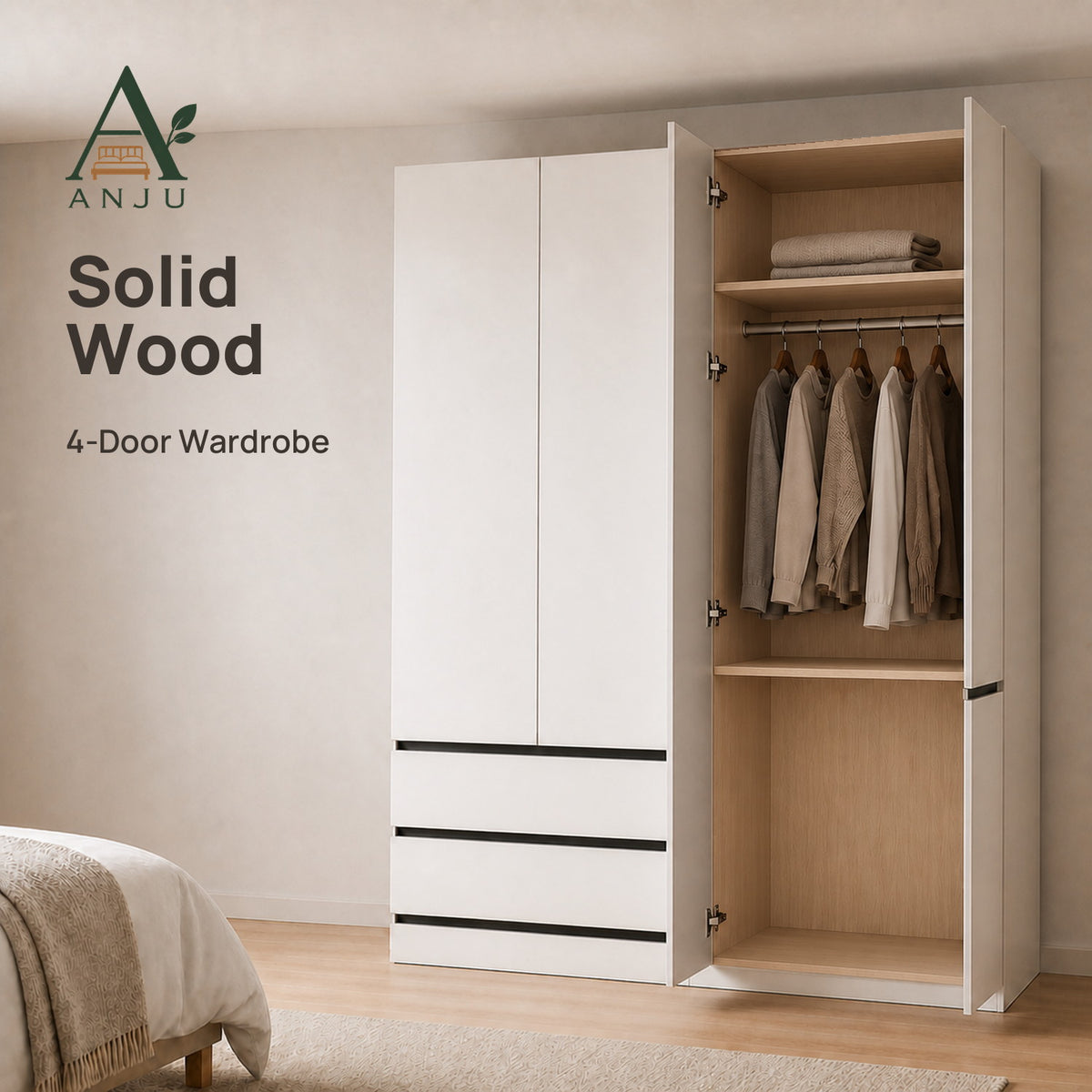 ANJU White 4-Door Solid Wood Wardrobe — image 1