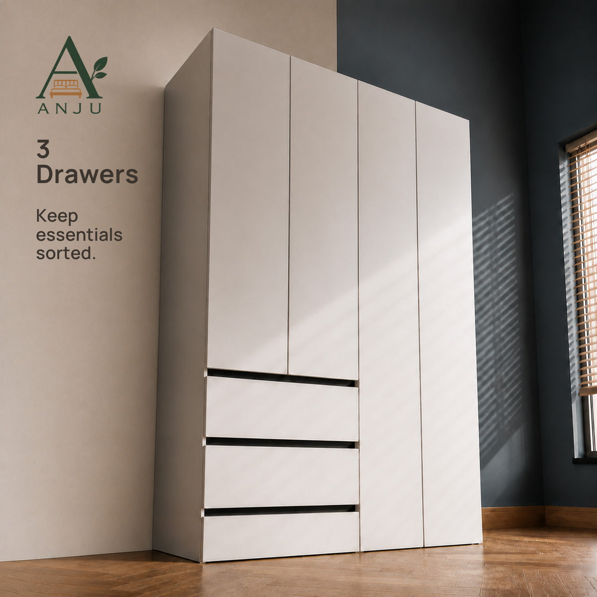 ANJU White 4-Door Solid Wood Wardrobe — image 3