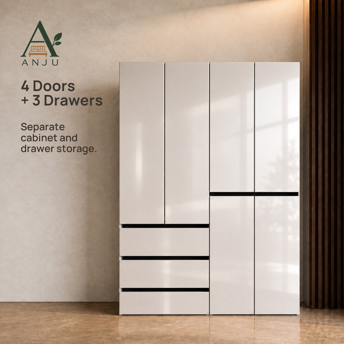 ANJU White 4-Door Solid Wood Wardrobe — image 9