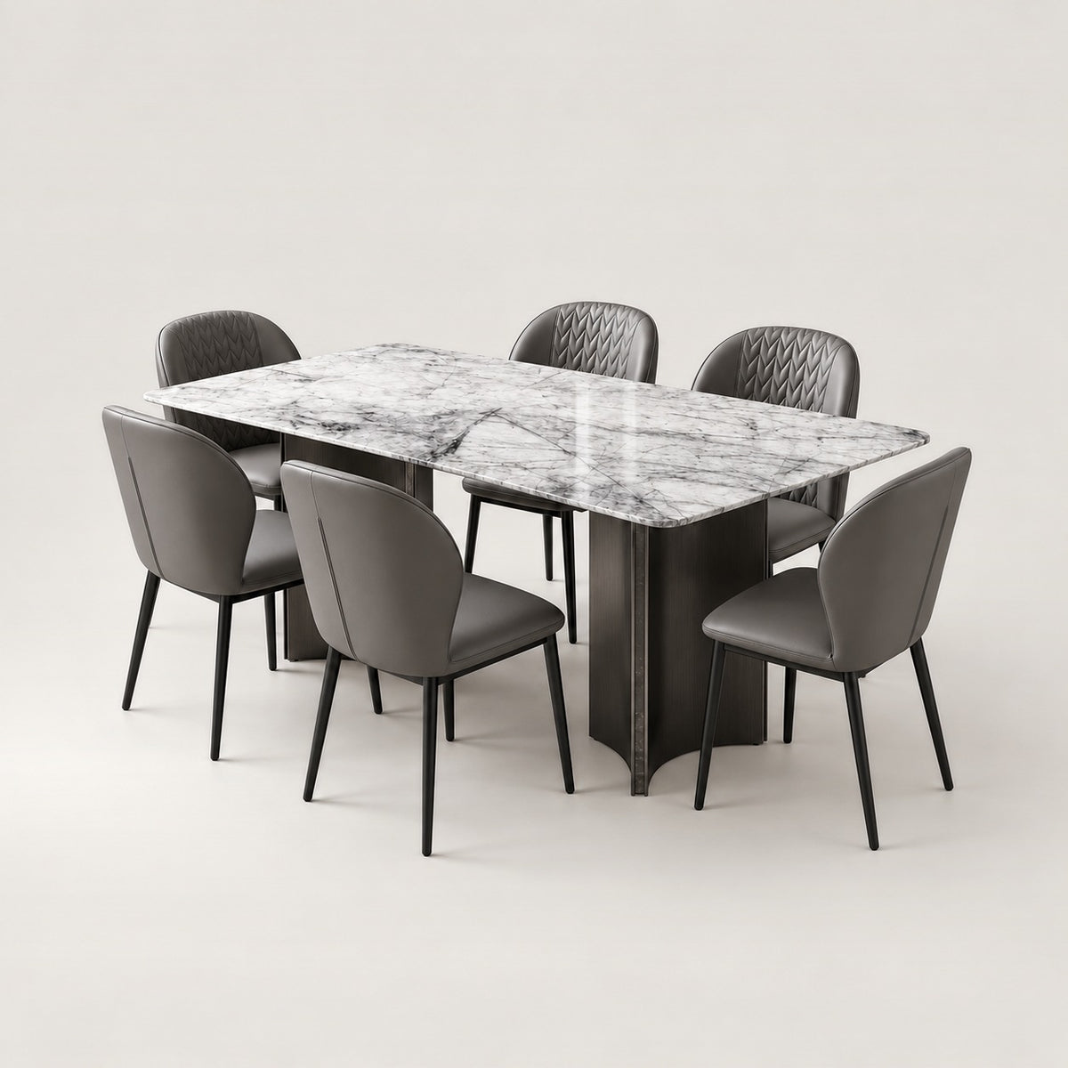 ANJU sintered stone dining table with 6 dark grey chairs