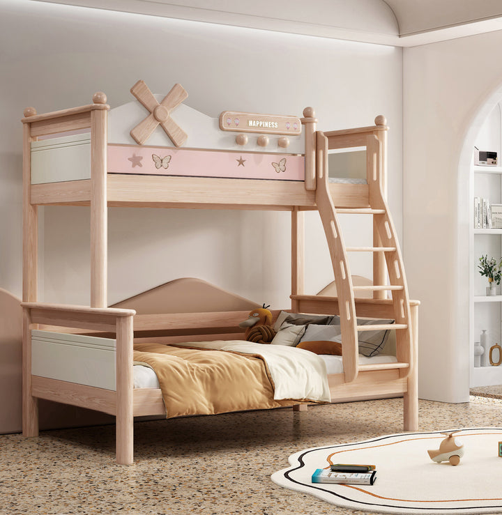 ANJU Windmill Wooden Bunk Bed with Pink Trim