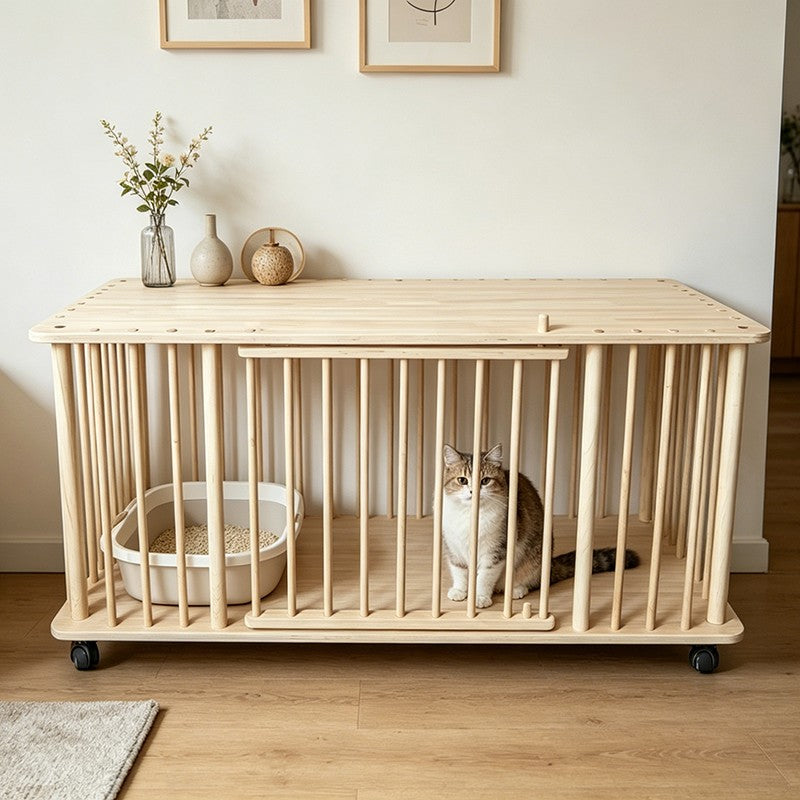 ANJU Wooden Cat Cage 112cm on Wheels, Rectangular Cat Villa, Single or Two Tier - Single tier
