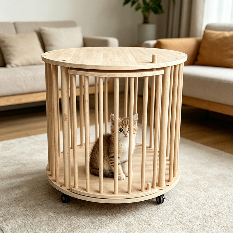ANJU Round Wooden Cat Cage 60cm on Wheels, Single or Two Tier - Single tier