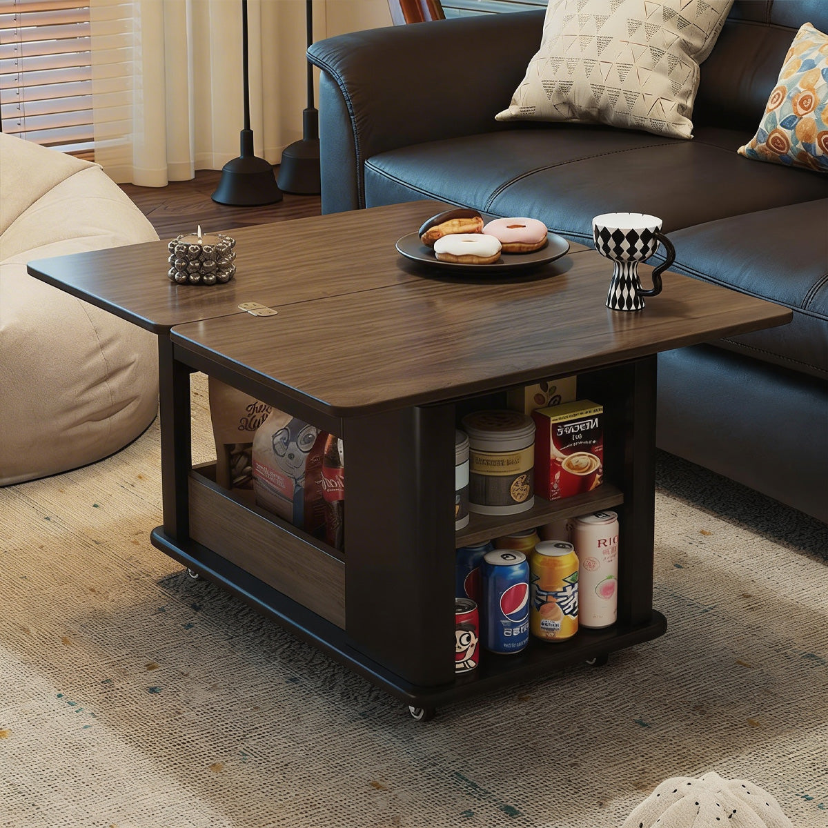 ANJU ZT58A folding coffee table black and walnut scene