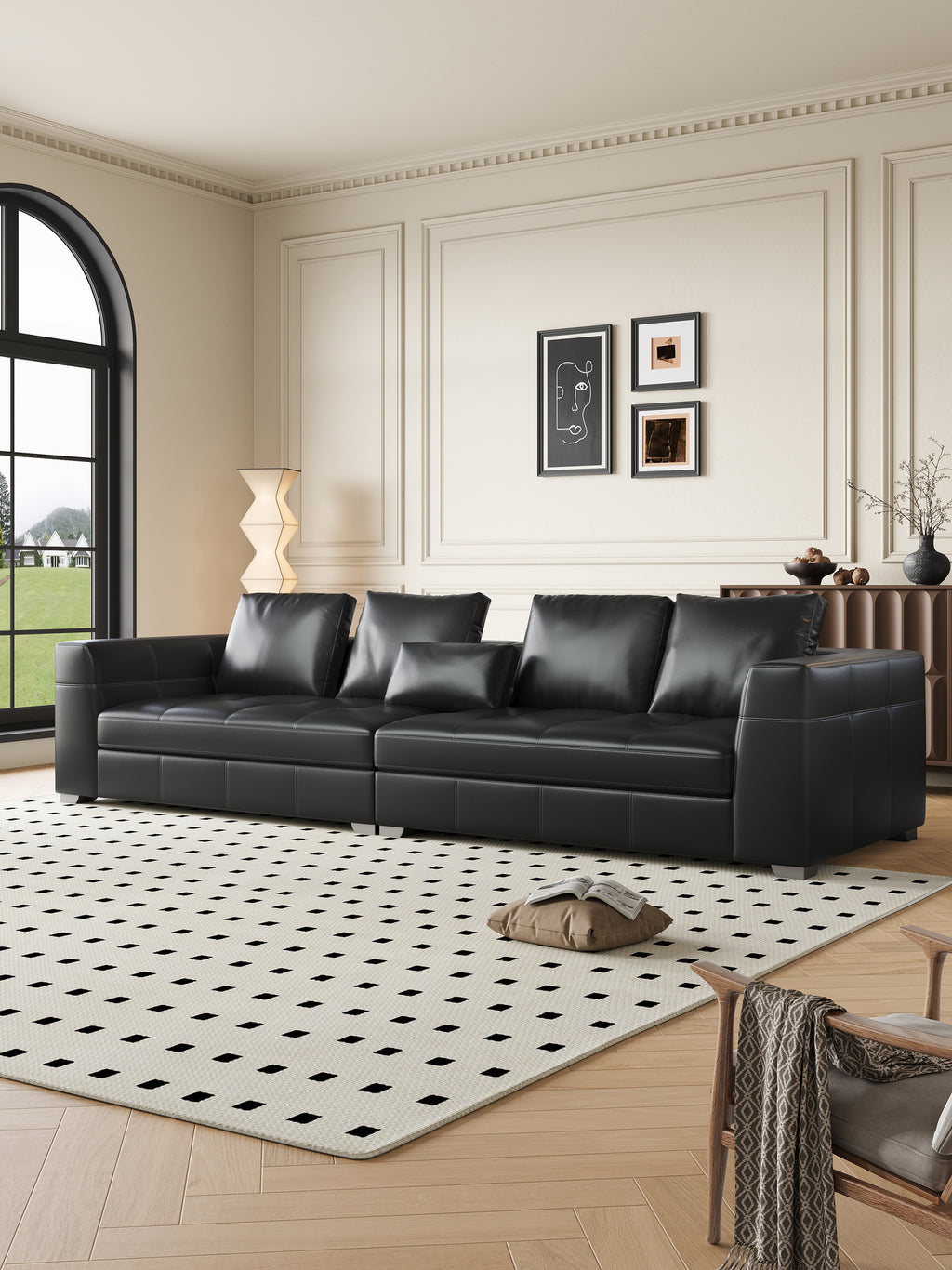 ANJU Boxy Square-Arm Sofa with Down-Blend Back Cushions, Faux or Top-Grain Leather, 250–350 cm