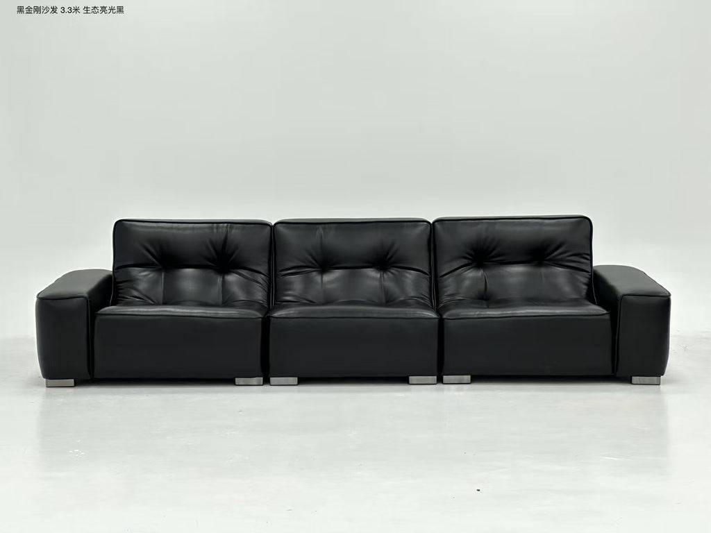 ANJU Glossy Button-Tufted Faux Leather Sofa with Chunky Arms and Metal Feet, 290–350 cm