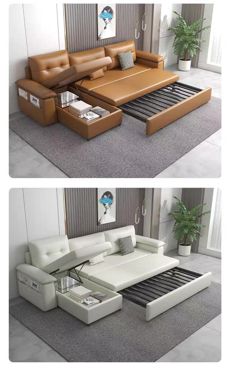 ANJU Pull Out Sofa Bed with Storage Arm Cabinet Option, Leather-Look Fabric or Faux Leather, 105–305 cm