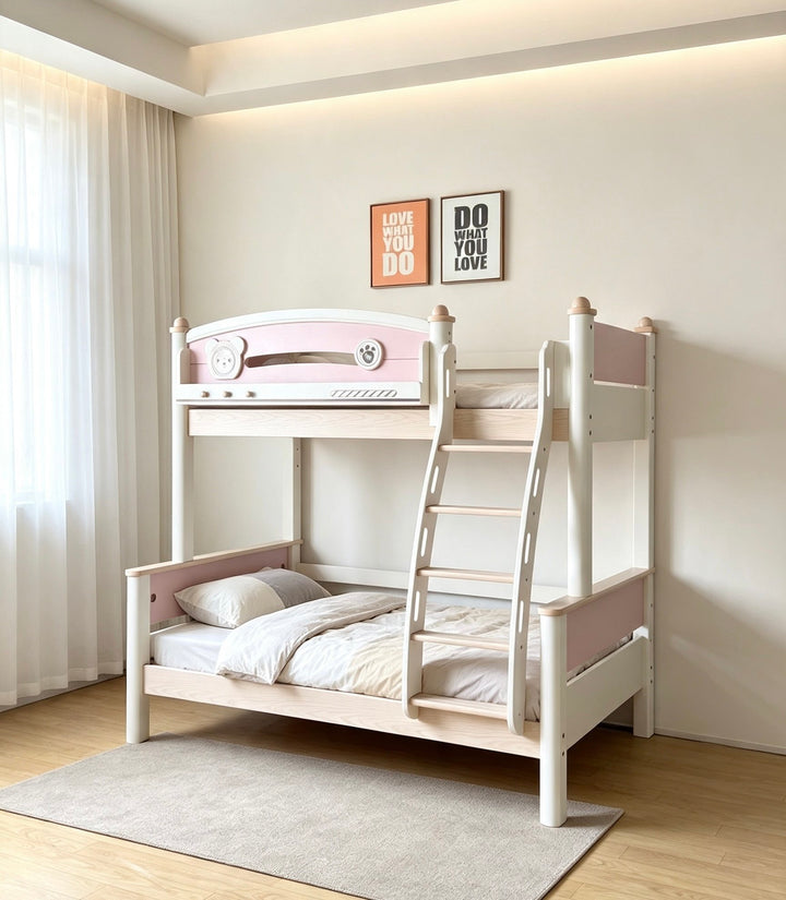 ANJU Pink and White Wooden Bunk Bed with Optional Storage Stairs
