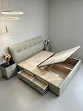 ANJU Button-Tufted Headboard Storage Bed with Gas Lift and 2 Drawers, Faux or Cowhide Leather, Queen or King
