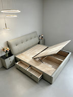 ANJU Button-Tufted Headboard Storage Bed with Gas Lift and 2 Drawers, Faux or Cowhide Leather, Queen or King