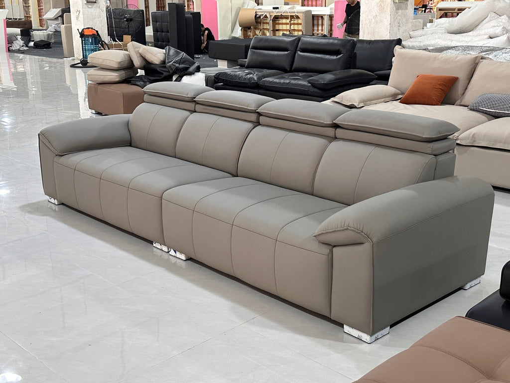 ANJU Adjustable Headrest Straight Sofa with Chrome Feet, Faux Leather, Tech or Suede-Feel Fabric, 130–360 cm