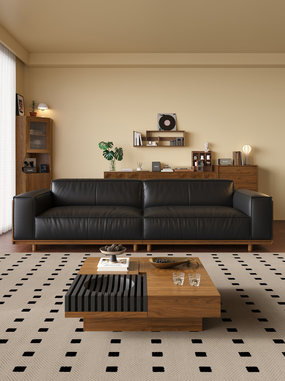 ANJU Boxy Faux Leather Sofa with Walnut Arm Panels, 280 cm