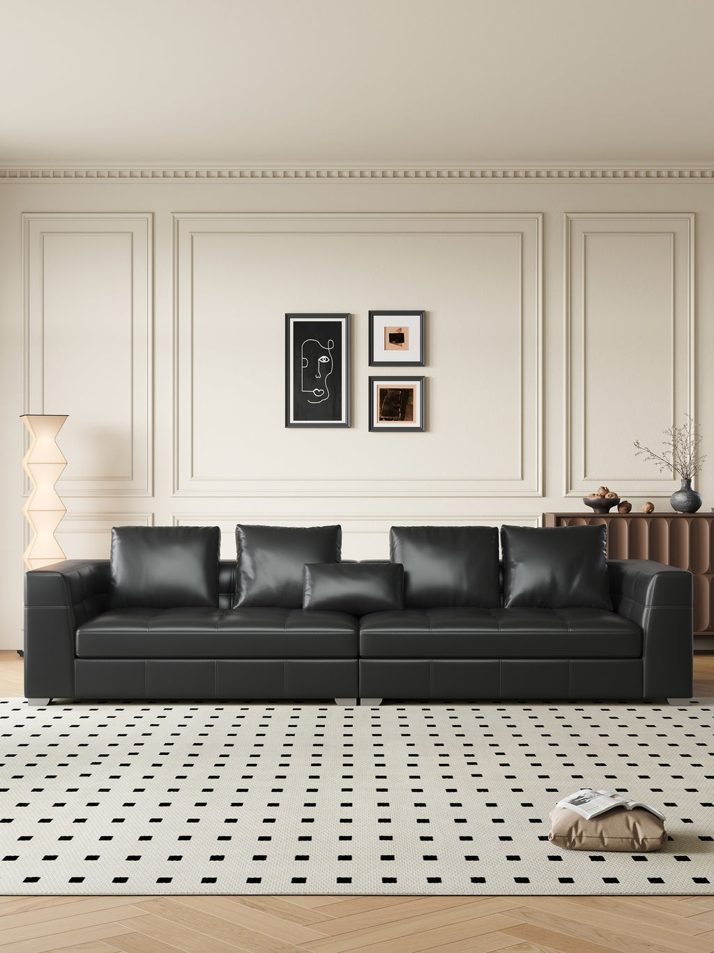ANJU Boxy Square-Arm Sofa with Down-Blend Back Cushions, Faux or Top-Grain Leather, 250–350 cm