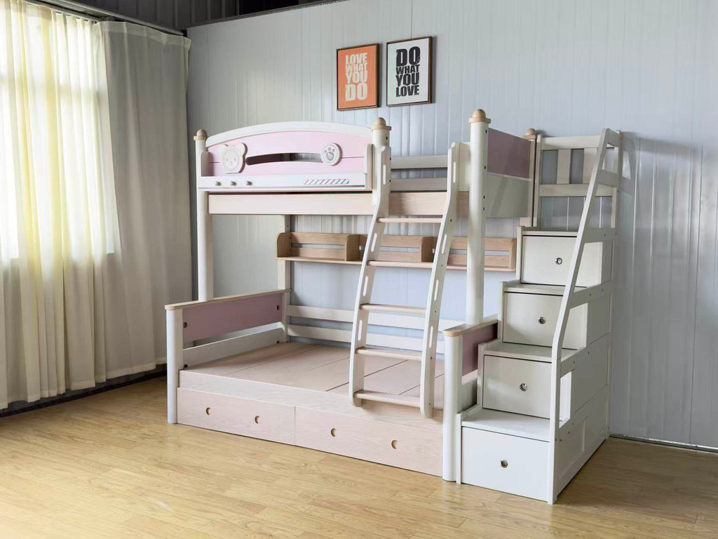 ANJU Pink and White Wooden Bunk Bed with Optional Storage Stairs