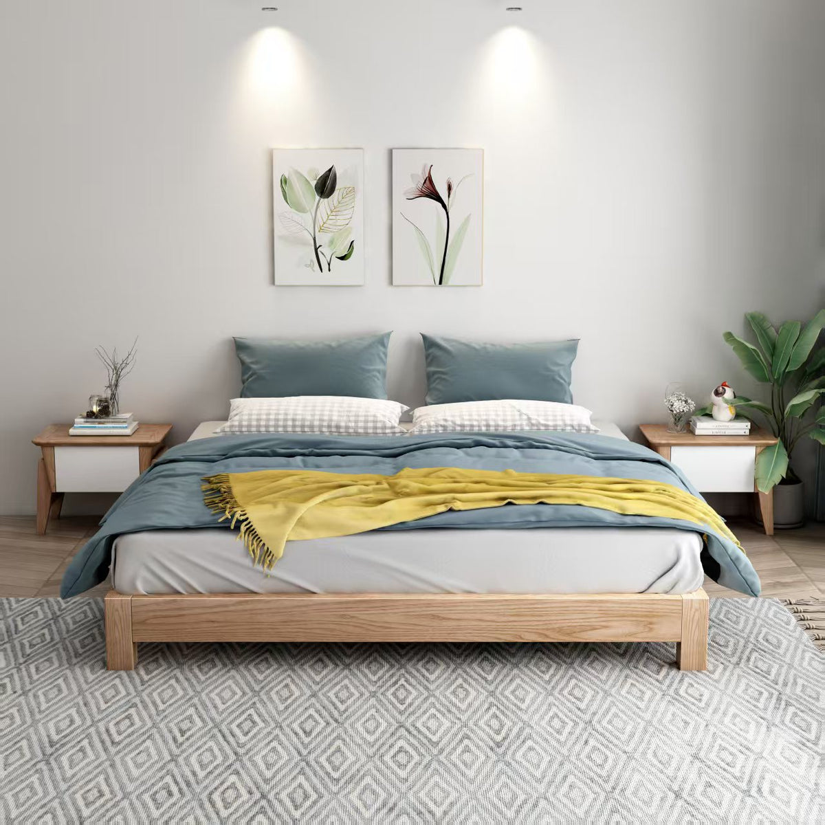 ANJU Ash Veneer Low Tatami Bed Frame with Square Wooden Legs, Headboardless, Super Single to King