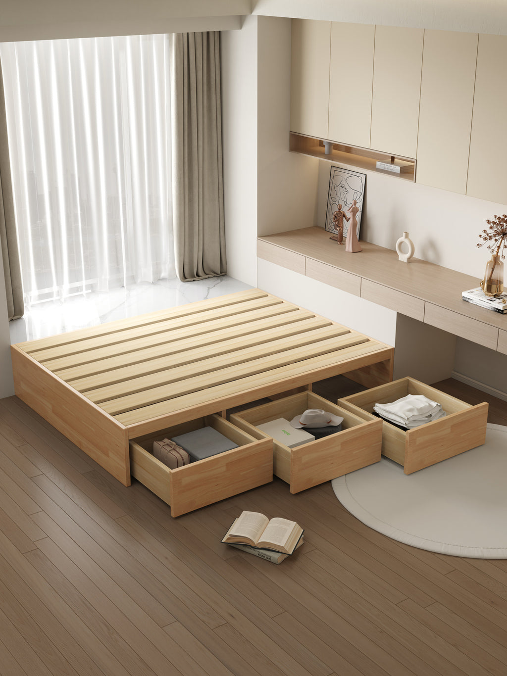 ANJU Wooden Storage Platform Bed with 3 Side Drawers and Gas Lift, Oak or Eucalyptus Edge, Super Single to King