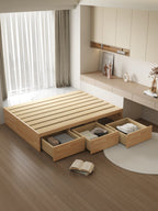 ANJU Wooden Storage Platform Bed with 3 Side Drawers and Gas Lift, Oak or Eucalyptus Edge, Super Single to King
