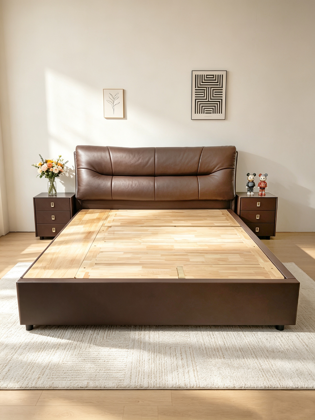 ANJU Wide Cushioned Headboard Storage Bed with Gas Lift Base and 2 Drawers, Queen or King