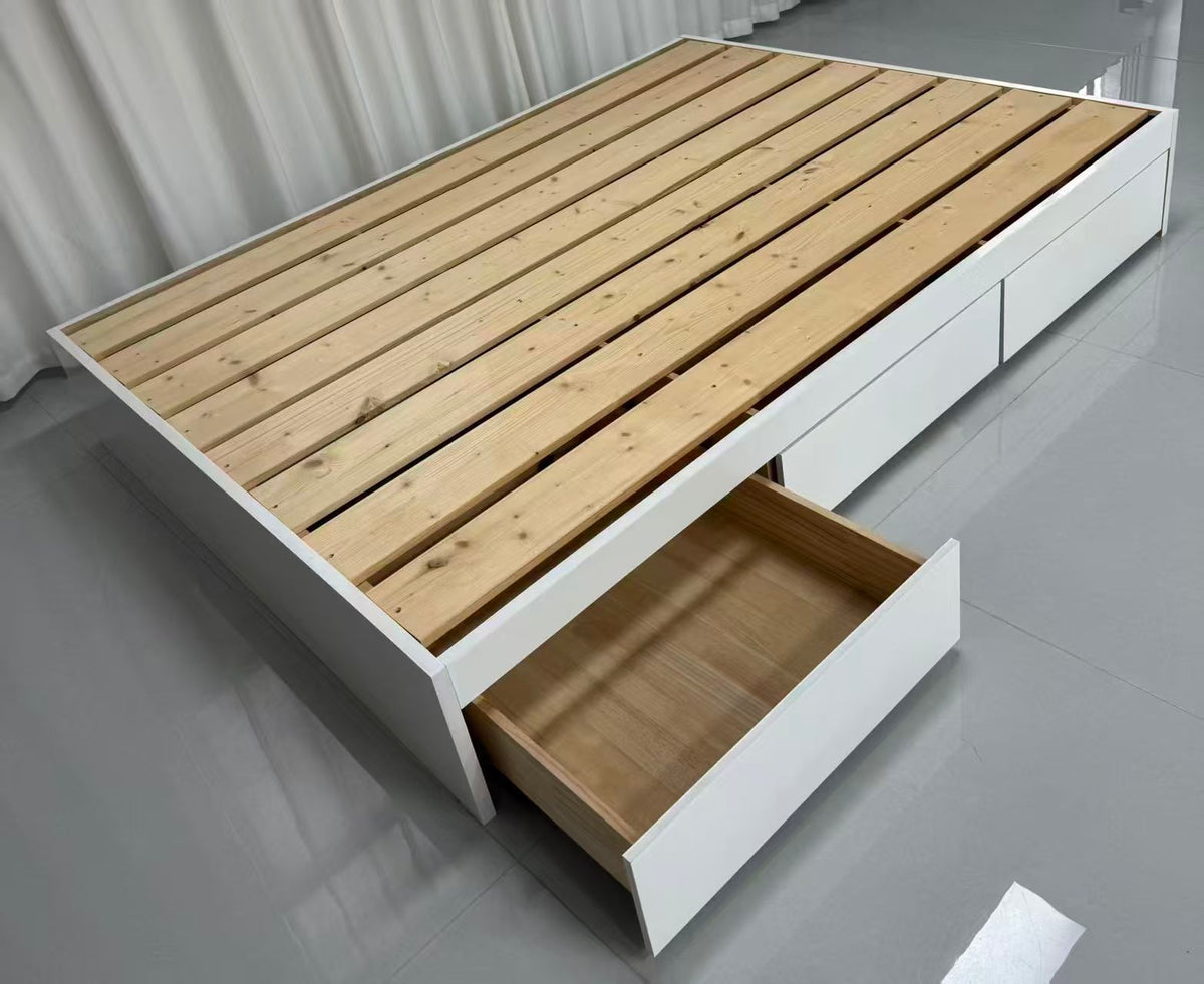 ANJU Wooden Storage Platform Bed with 3 Side Drawers and Gas Lift, Oak or Eucalyptus Edge, Super Single to King