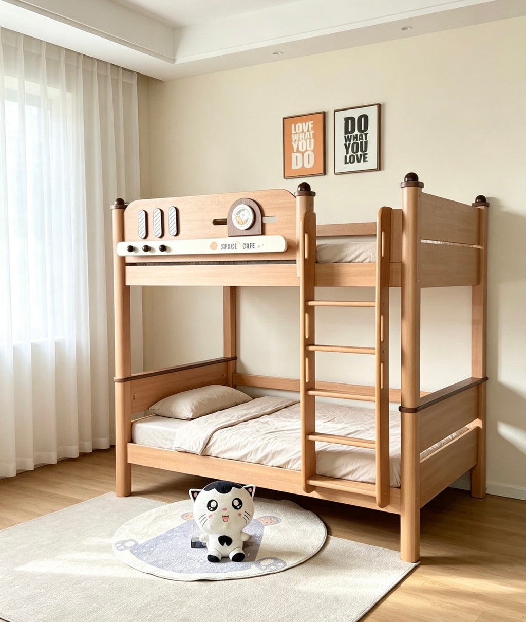 ANJU Wooden Double Decker Bed with Two Same-Width Bunks
