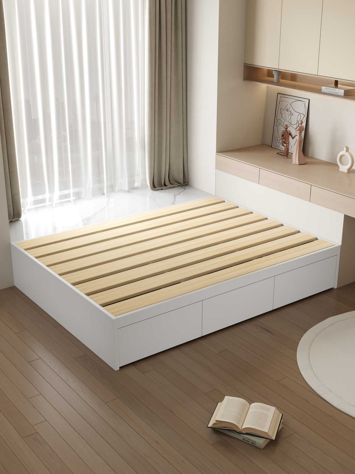 ANJU Wooden Storage Platform Bed with 3 Side Drawers and Gas Lift, Oak or Eucalyptus Edge, Super Single to King