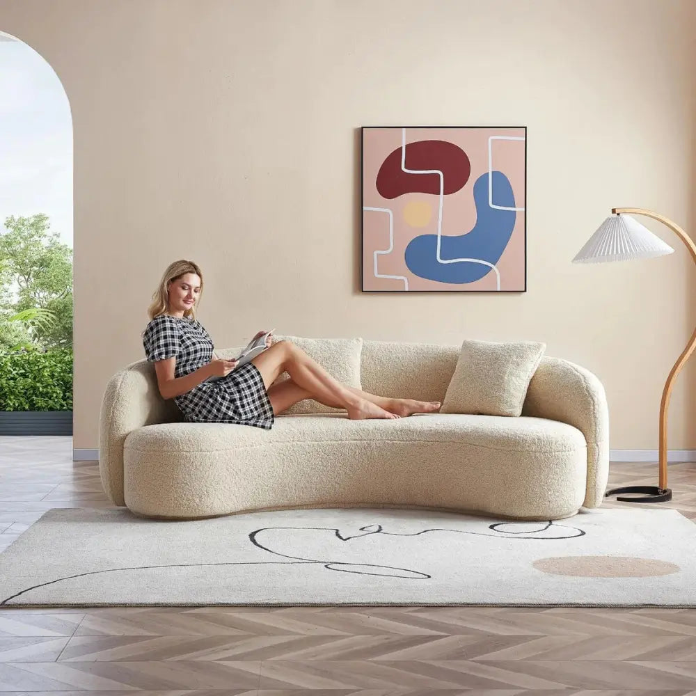 ANJU Curved Kidney Sofa in Boucle-Look Lamb Fleece or Velvet, 95–320 cm