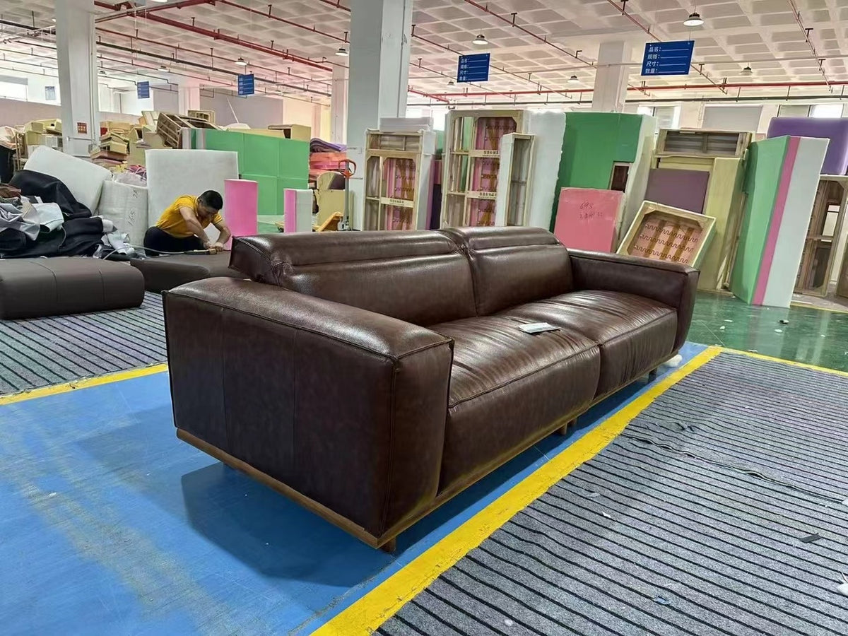 ANJU Oil-Wax Faux Leather Sofa with Headrests and Wooden Base, 270 cm