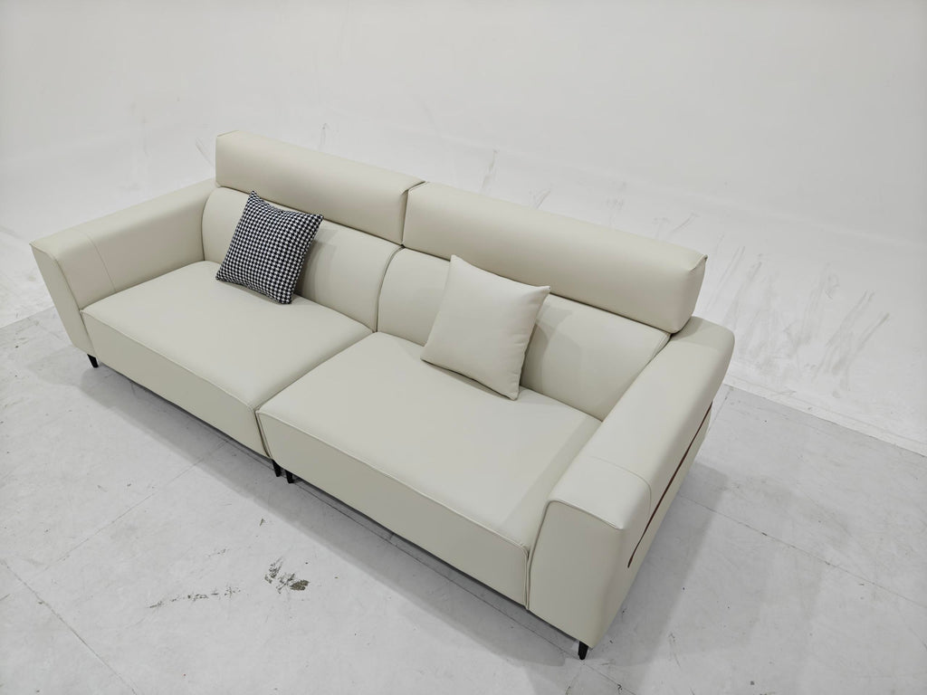 ANJU Adjustable Headrest Sofa with Walnut Arm Inlay, Faux Leather or Suede-Feel Fabric, 125–366 cm