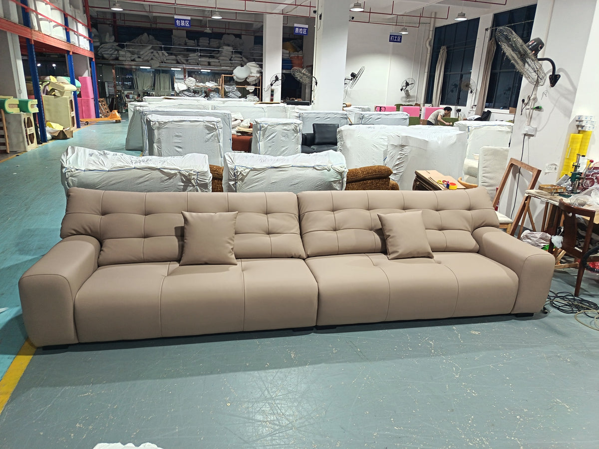 ANJU Biscuit-Tufted Plush Sofa, Faux or Top-Grain Leather, 130–400 cm