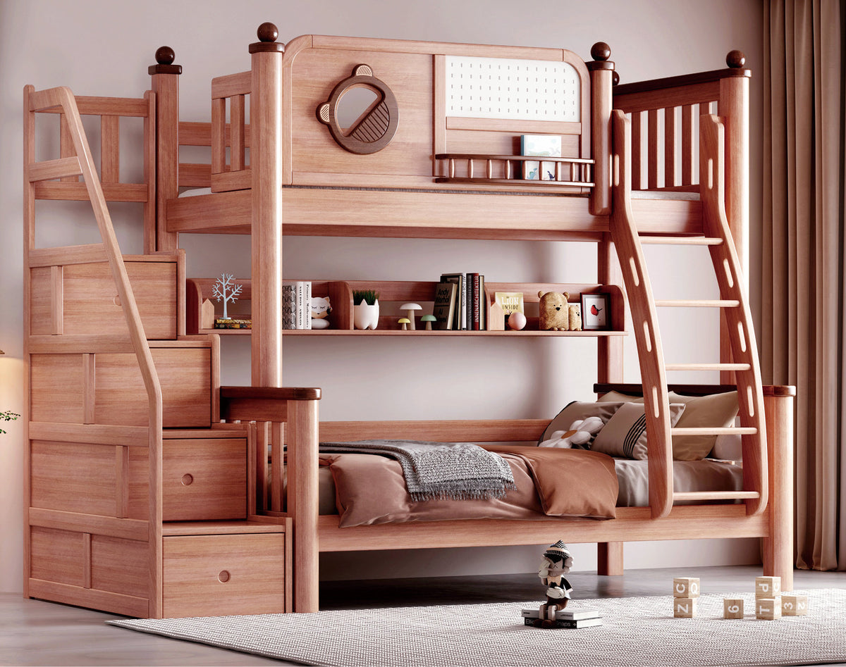 ANJU Wooden Bunk Bed with Slatted Guardrail and Optional Storage Stairs