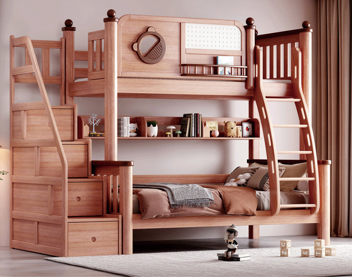 ANJU Wooden Bunk Bed with Slatted Guardrail and Optional Storage Stairs