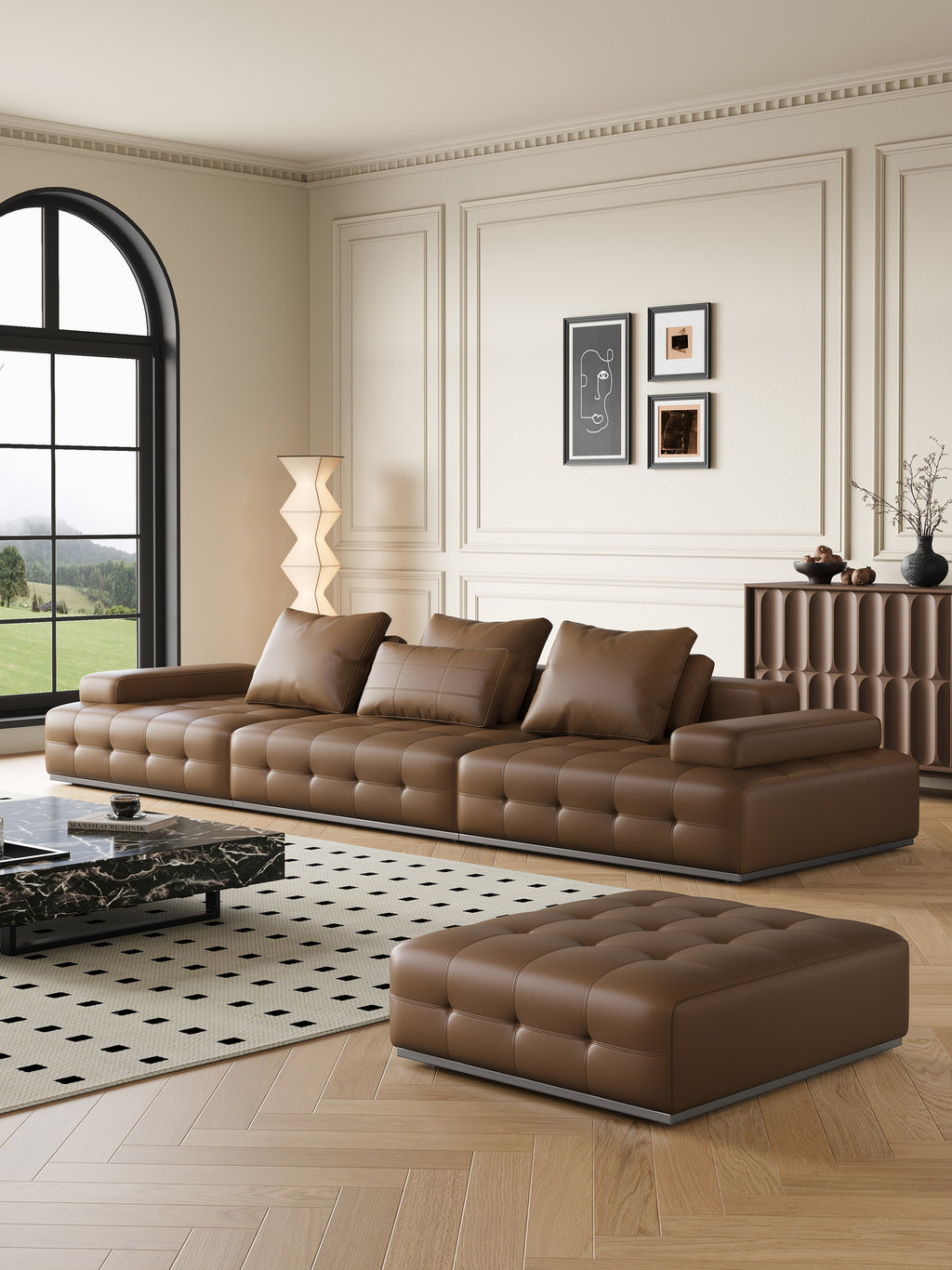 ANJU Premium Grid-Tufted Modular Sofa with Down Back Cushions, Faux or Top-Grain Leather, 252–420 cm