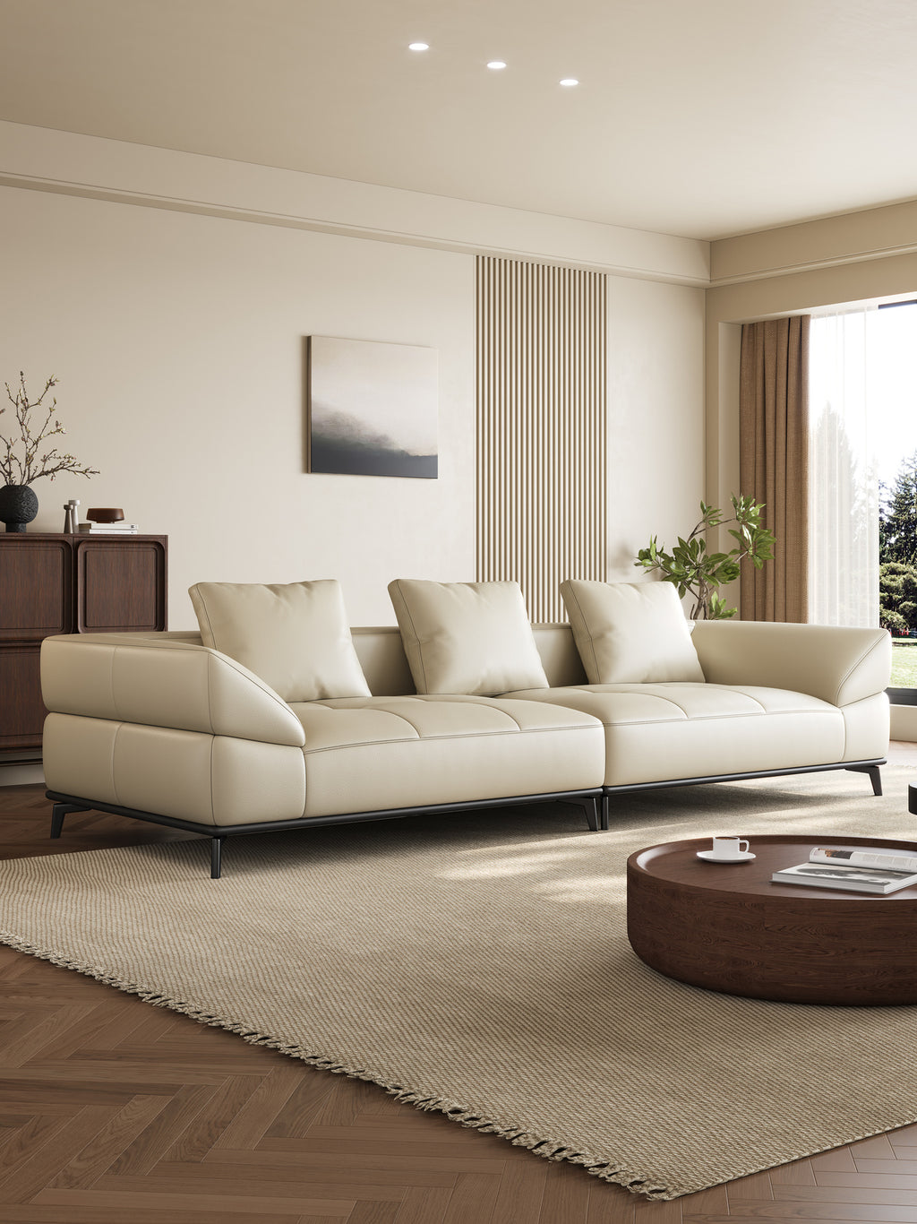 ANJU Curved-Arm Low Sofa with Slim Metal Legs, Faux or Top-Grain Leather, 280–370 cm