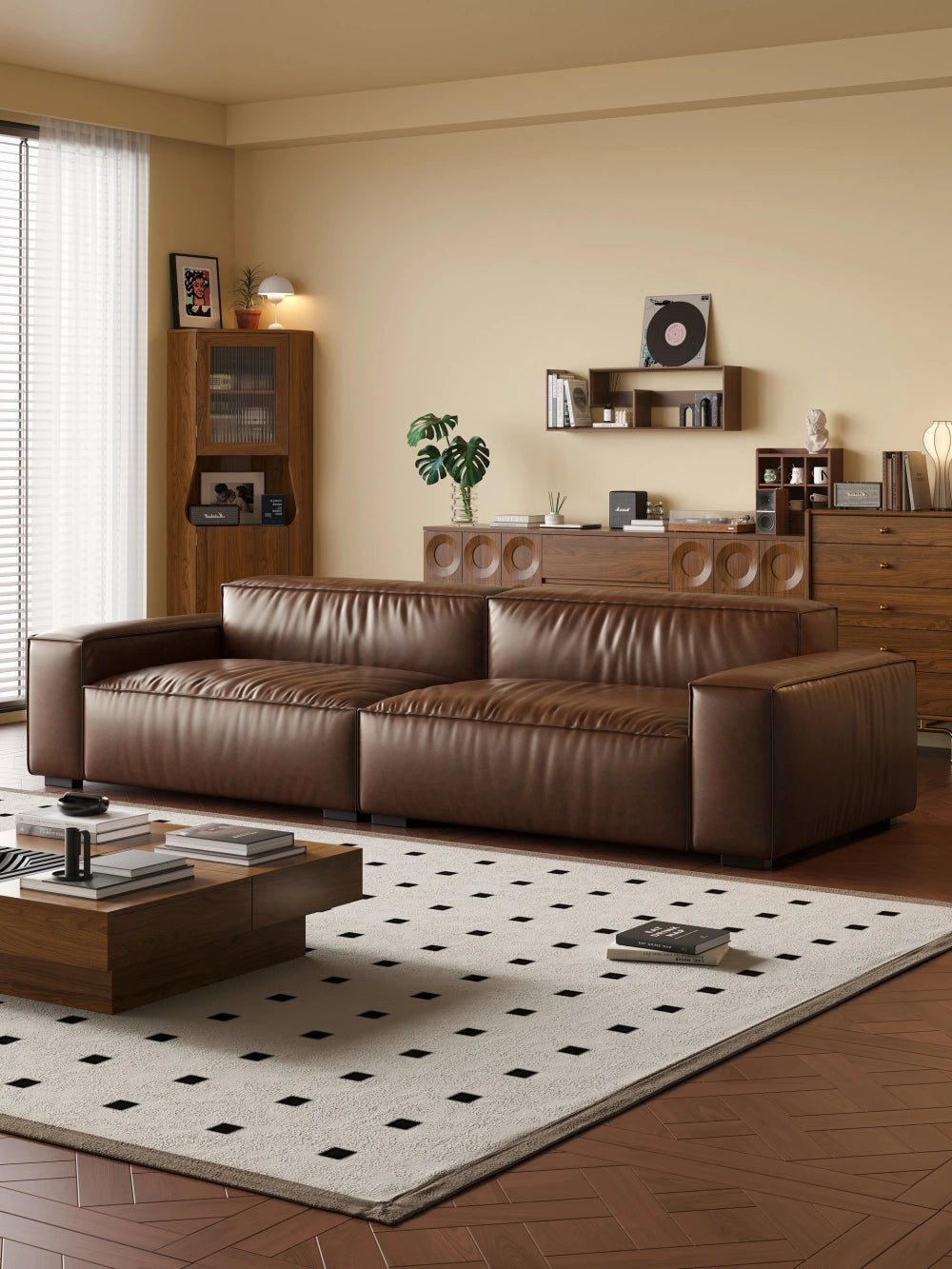 ANJU Wrinkled Faux Leather Block Sofa with Down-Blend Cushions, 120–400 cm