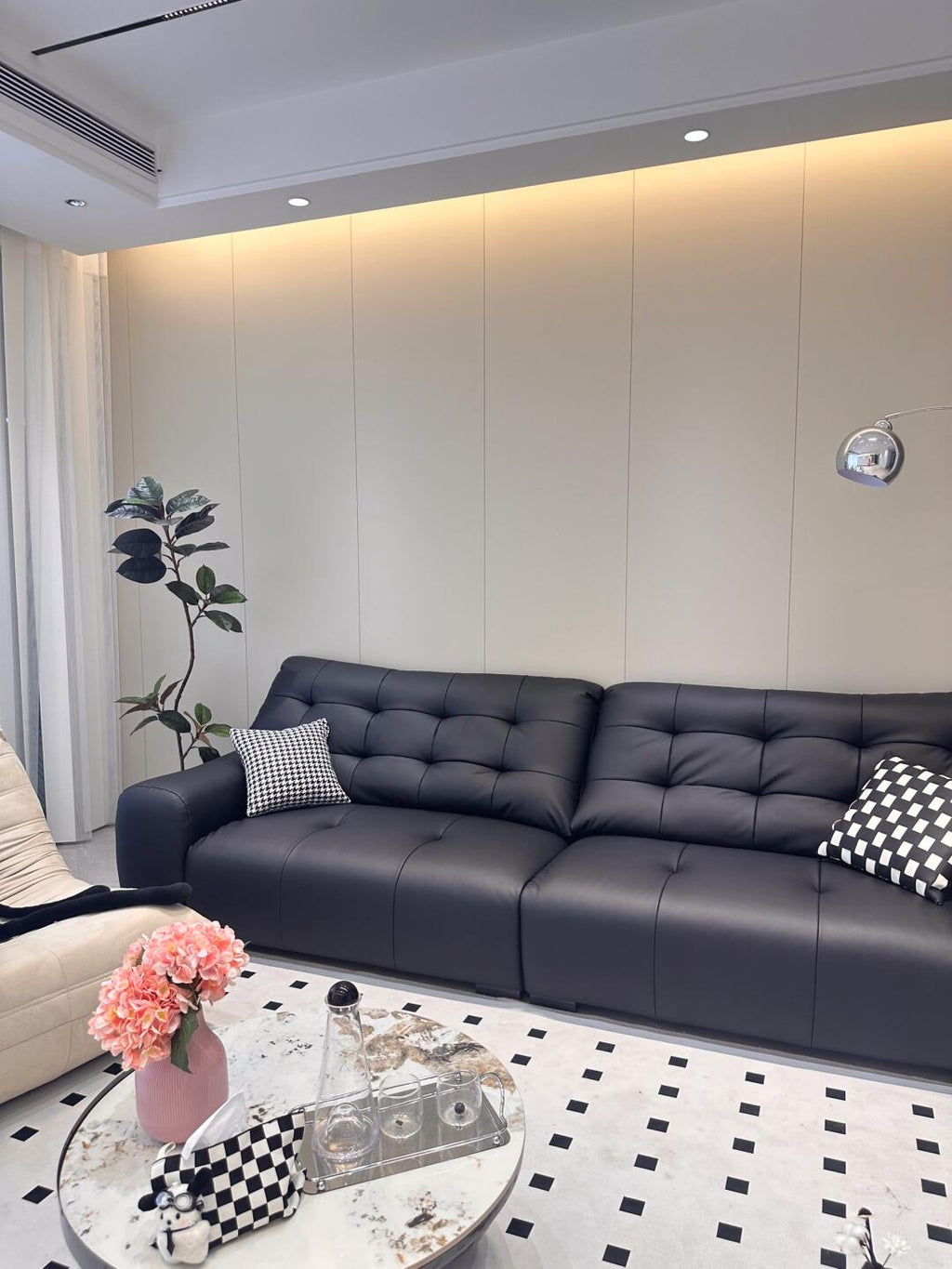 ANJU Biscuit-Tufted Plush Sofa, Faux or Top-Grain Leather, 130–400 cm