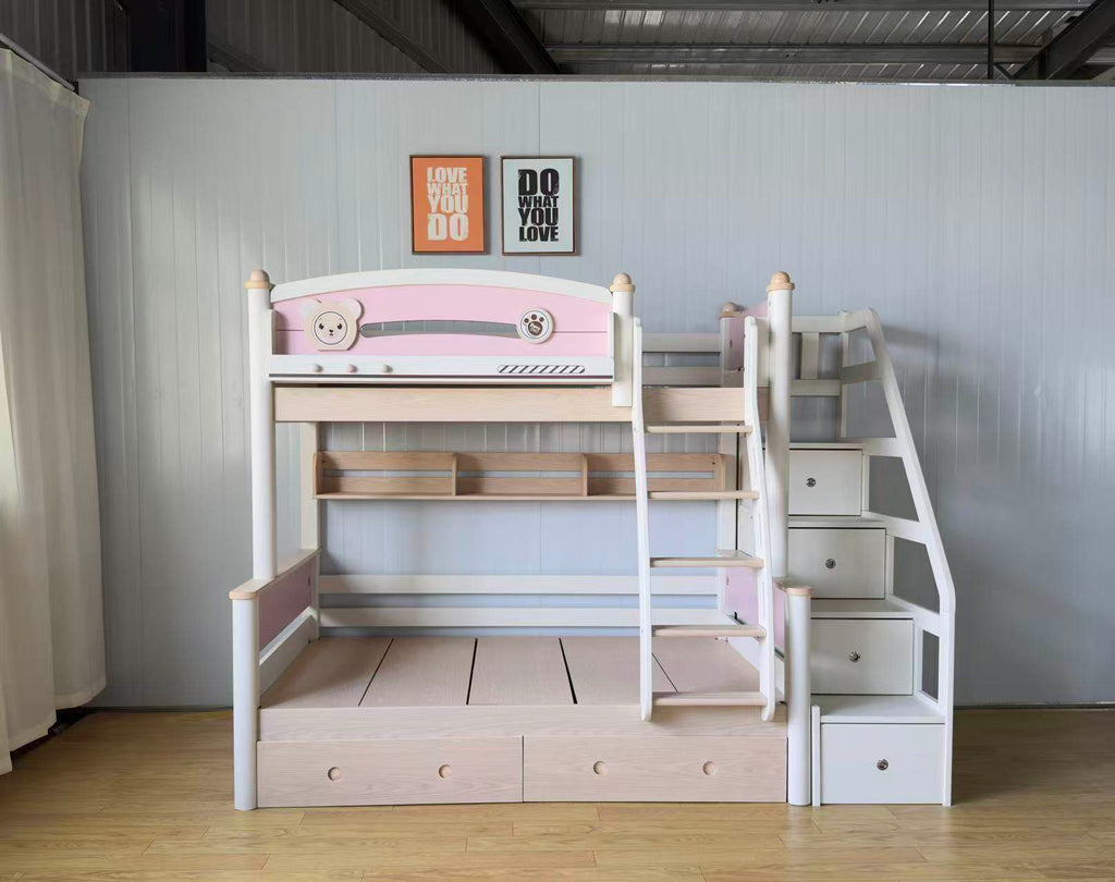 ANJU Pink and White Wooden Bunk Bed with Optional Storage Stairs